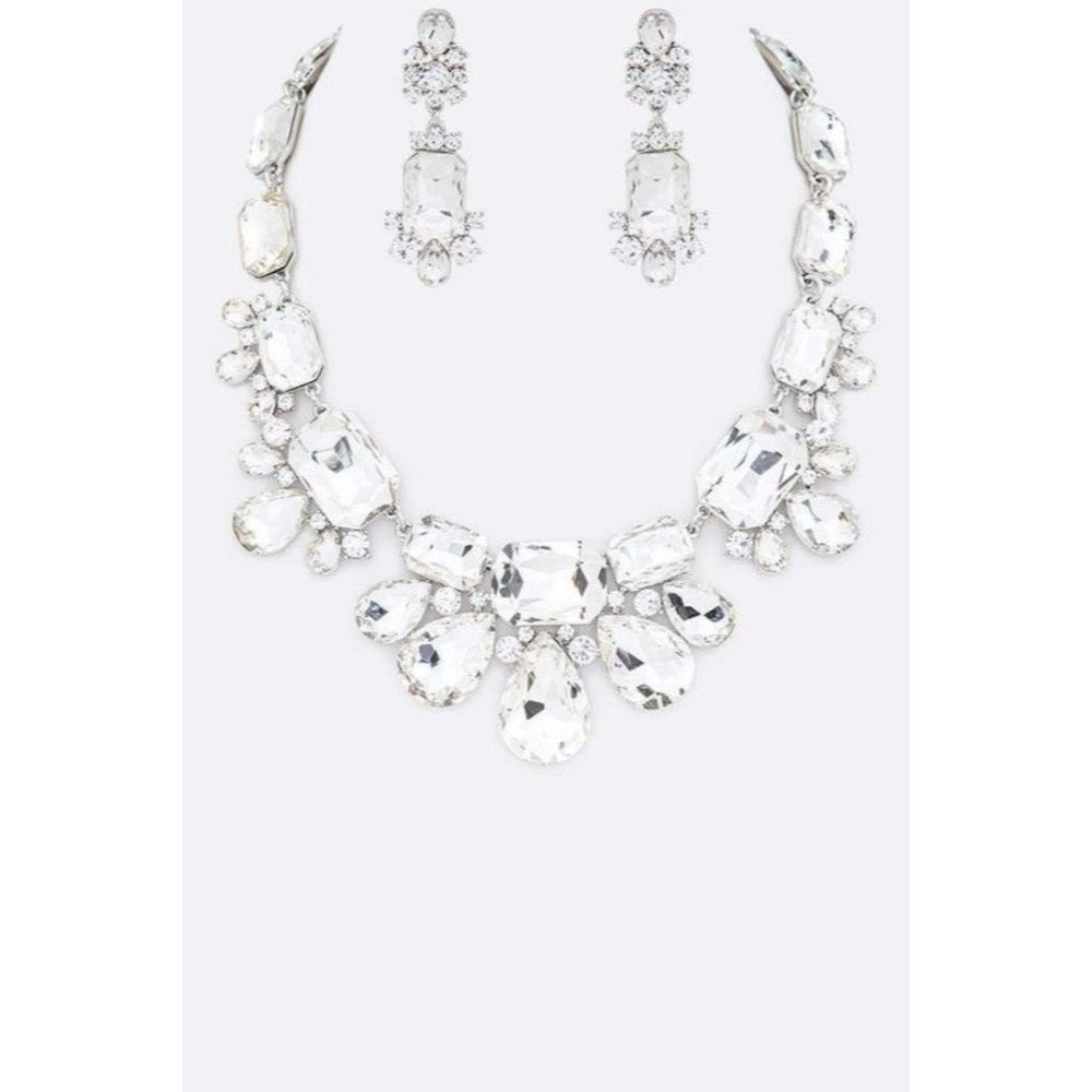 Mix Crystal Statement Necklace White Set -White